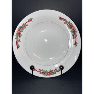 Tienshan Poinsettia & Ribbons Round Serving Bowl 9" Christmas Holiday